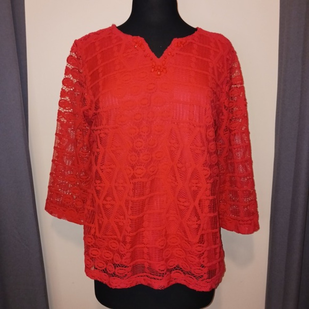Alfred Dunner Petite Orange Lace Beaded V Neck 3/4 Sleeve‎ Top Shirt Women's PL